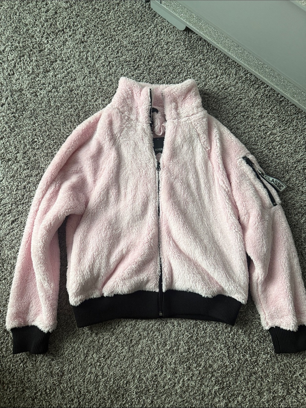 Forever 21 Light Pink Plush Teddy Jacket with Black Trim